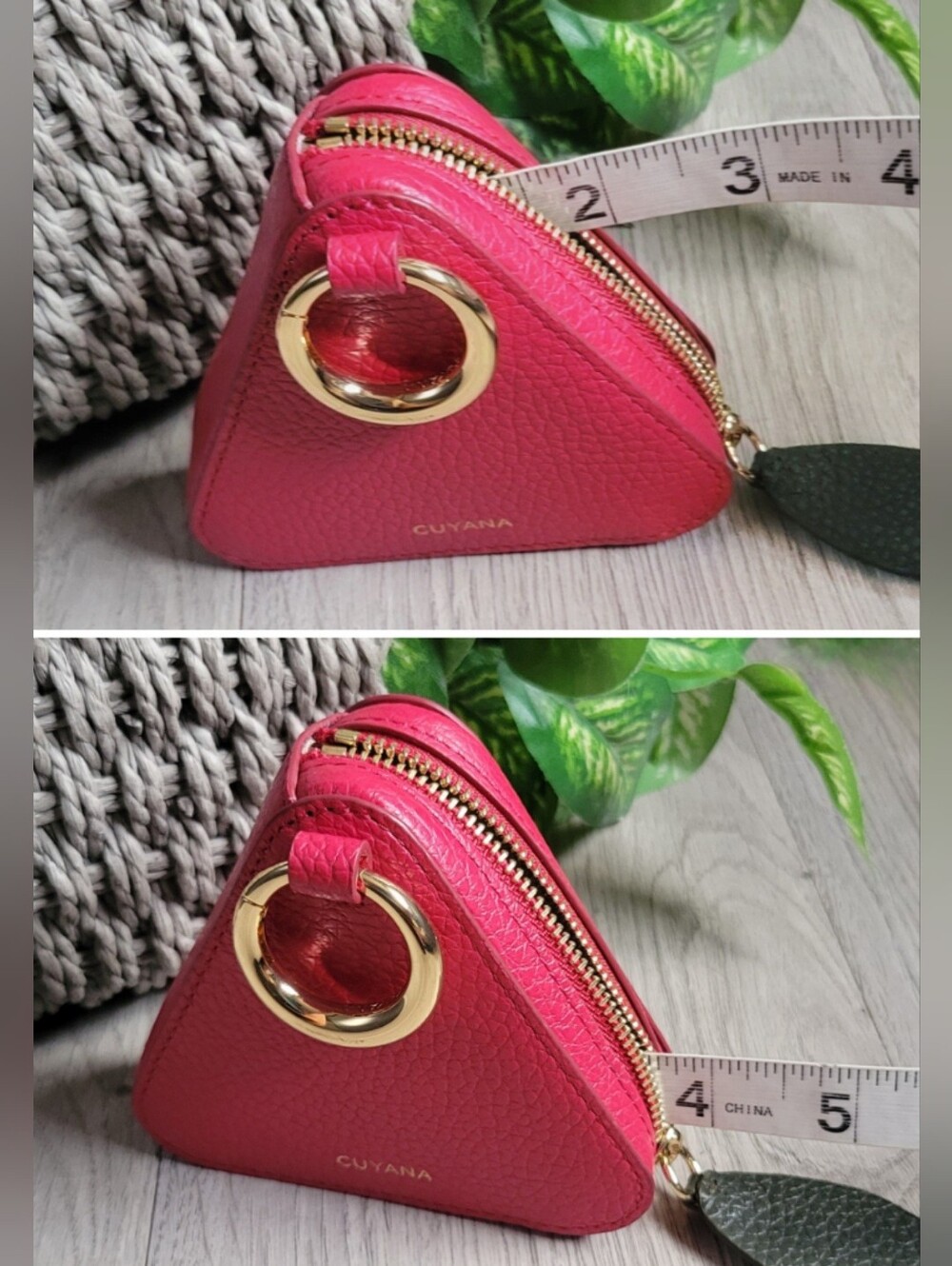Cuyana Triangle Fruit Pouch Italian Leather Rare Raspberry & Gold Hinge, 4" x 4" - Picture 13 of 16